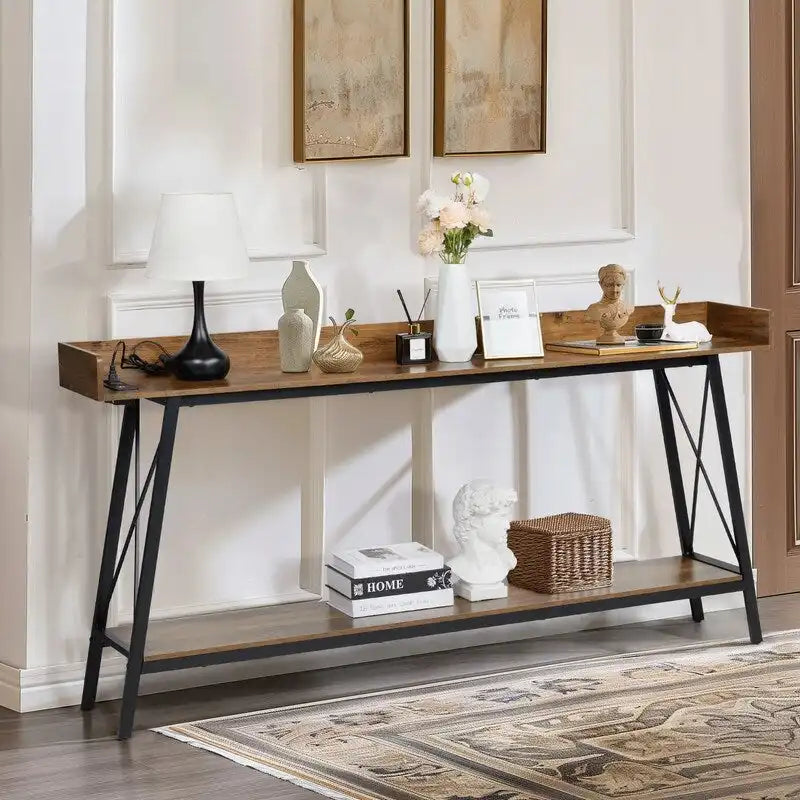 70.9 inch Console Table with 2 Power Outlets and USB Ports, Rustic Industrial Sofa Table for Living Room