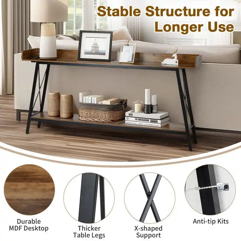 70.9 inch Console Table with 2 Power Outlets and USB Ports, Rustic Industrial Sofa Table for Living Room