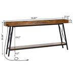 70.9 inch Console Table with 2 Power Outlets and USB Ports, Rustic Industrial Sofa Table for Living Room
