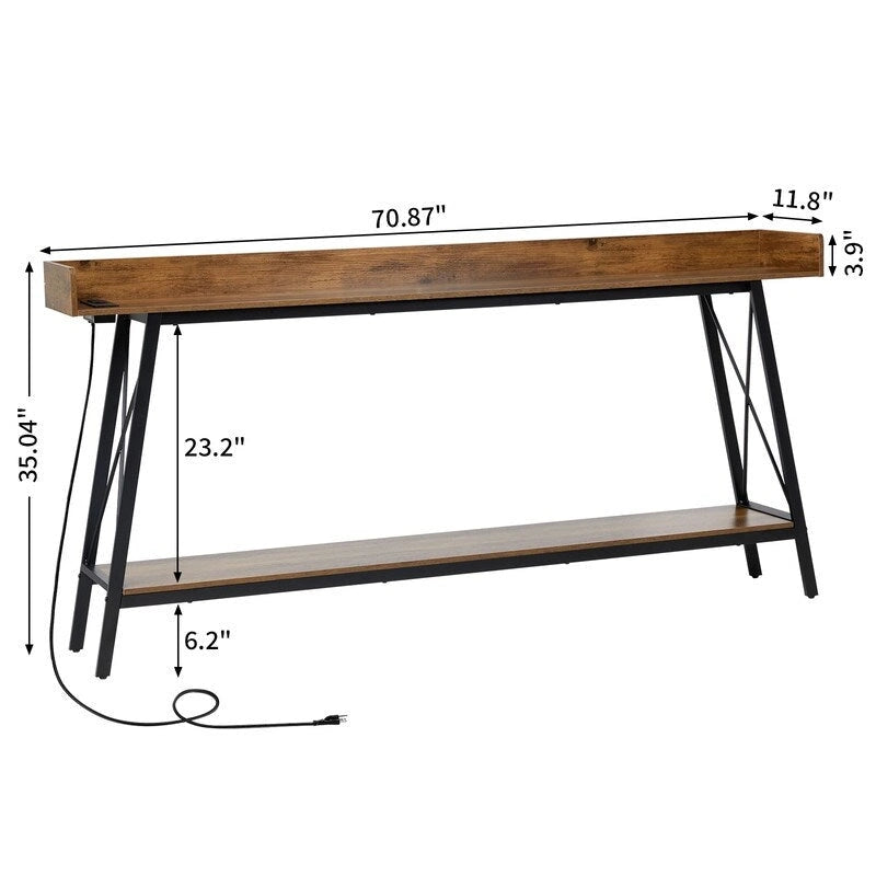 70.9 inch Console Table with 2 Power Outlets and USB Ports, Rustic Industrial Sofa Table for Living Room
