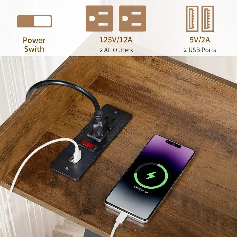 70.9 inch Console Table with 2 Power Outlets and USB Ports, Rustic Industrial Sofa Table for Living Room