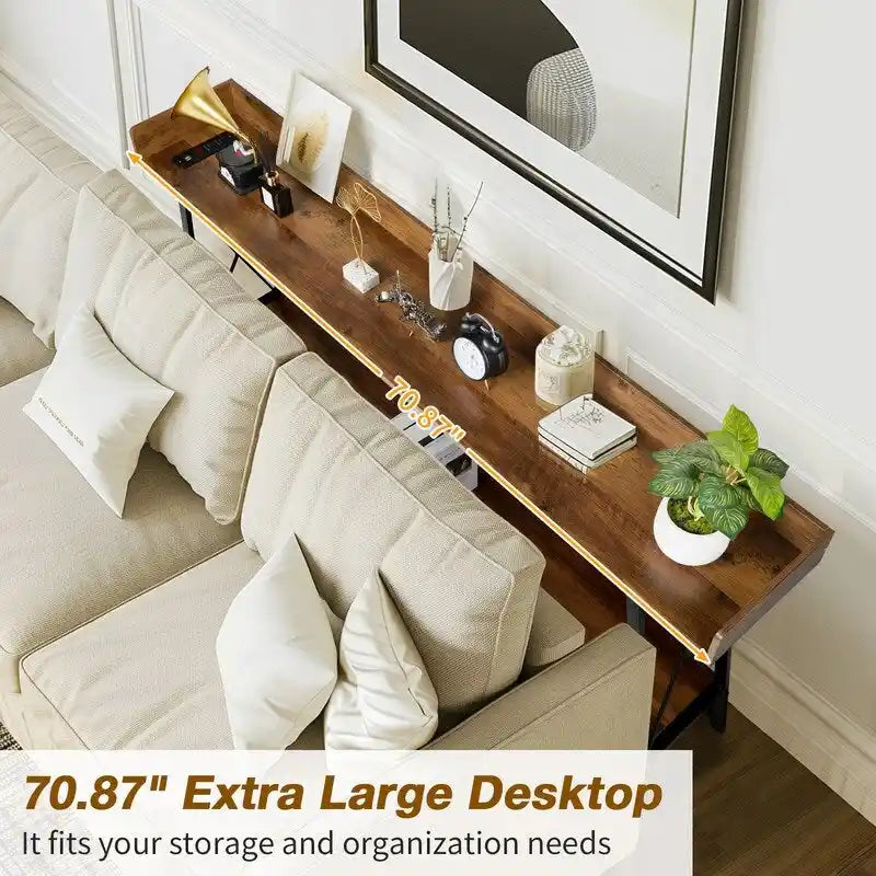 70.9 inch Console Table with 2 Power Outlets and USB Ports, Rustic Industrial Sofa Table for Living Room