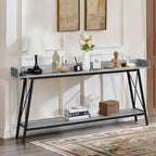 70.9 inch Console Table with 2 Power Outlets and USB Ports, Rustic Industrial Sofa Table for Living Room