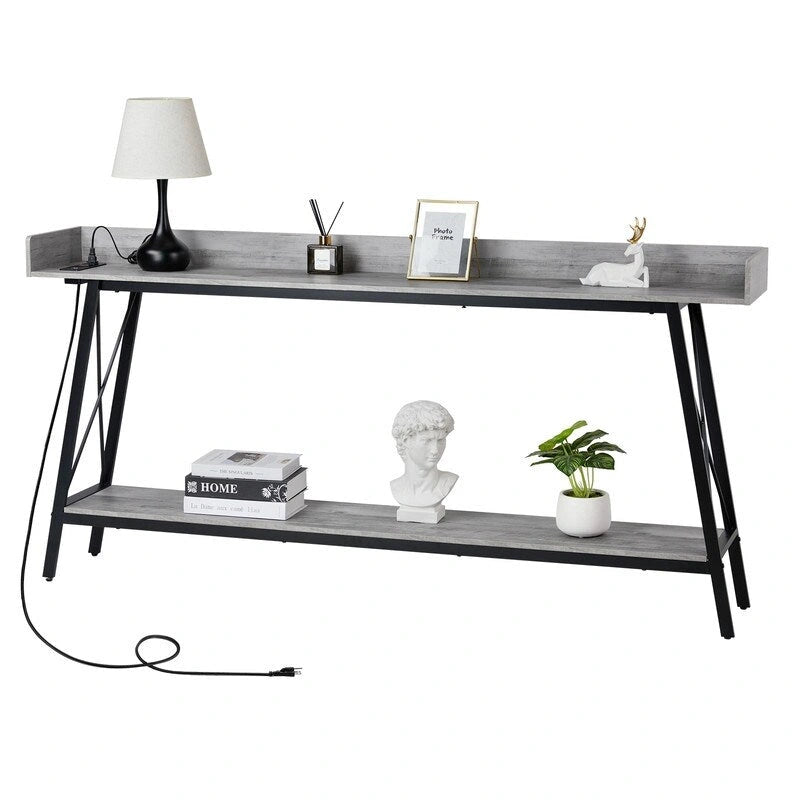70.9 inch Console Table with 2 Power Outlets and USB Ports, Rustic Industrial Sofa Table for Living Room