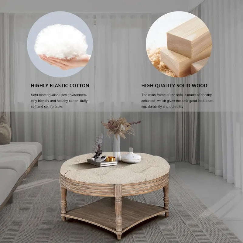2 Tier Button Tufted Ottoman Round Coffee Table