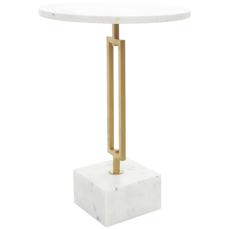 Marble Geometric Side End Accent Table with Gold Metal Rectangular Stand - White - Roche River Decor