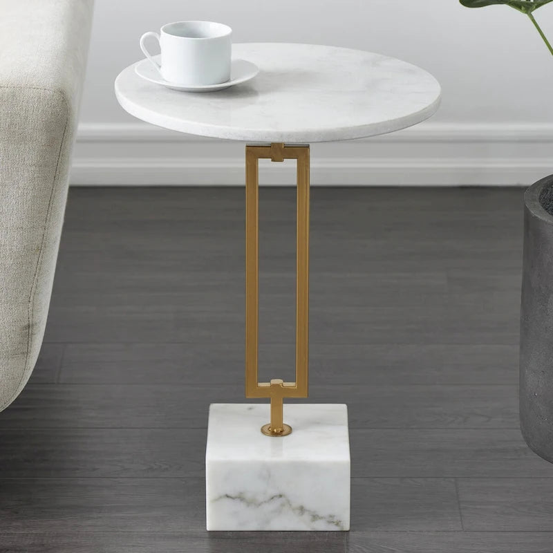 Marble Geometric Side End Accent Table with Gold Metal Rectangular Stand - White - Roche River Decor