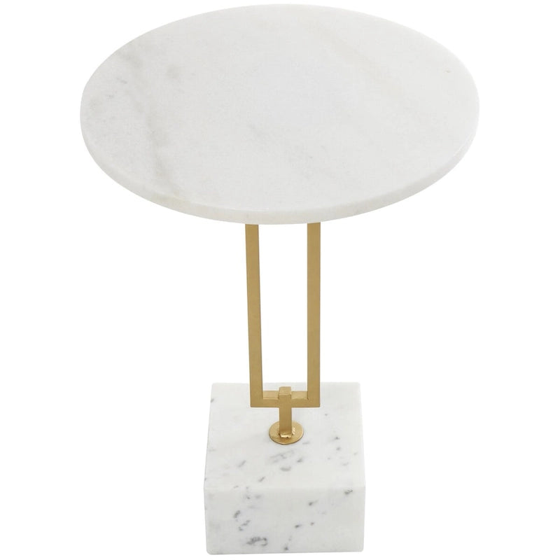 Marble Geometric Side End Accent Table with Gold Metal Rectangular Stand - White - Roche River Decor