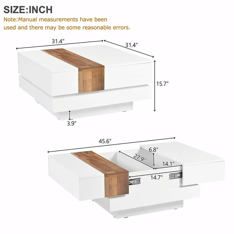 31.4 Square Coffee Table with Sliding Top and Hidden Storage