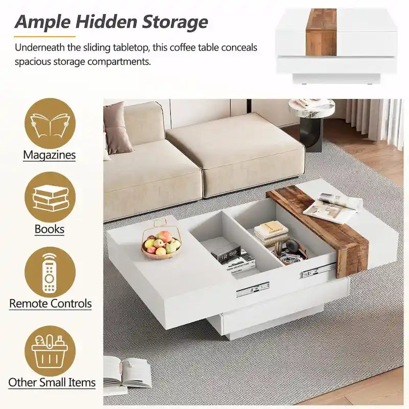 31.4 Square Coffee Table with Sliding Top and Hidden Storage