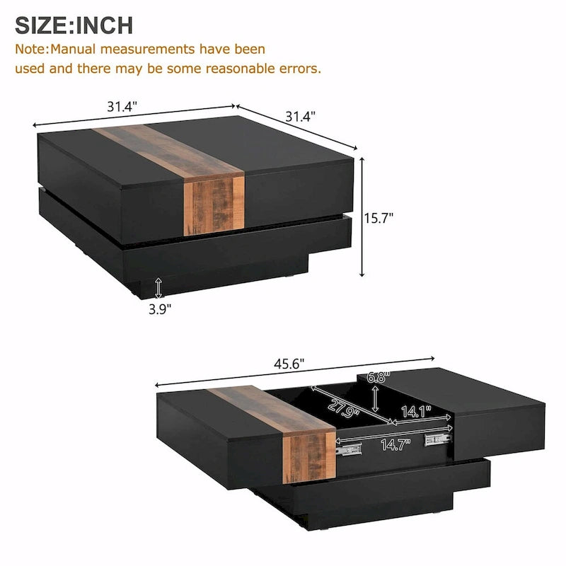 31.4 Square Coffee Table with Sliding Top and Hidden Storage