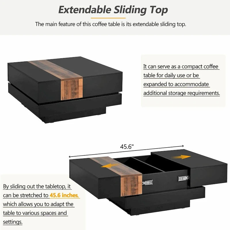 31.4 Square Coffee Table with Sliding Top and Hidden Storage