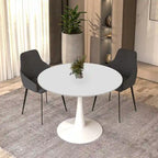 LeisureMod Bristol 40 Round Dining Table for 4 with MDF Wood Tabletop in White Steel Base for Kitchen & Dining Room