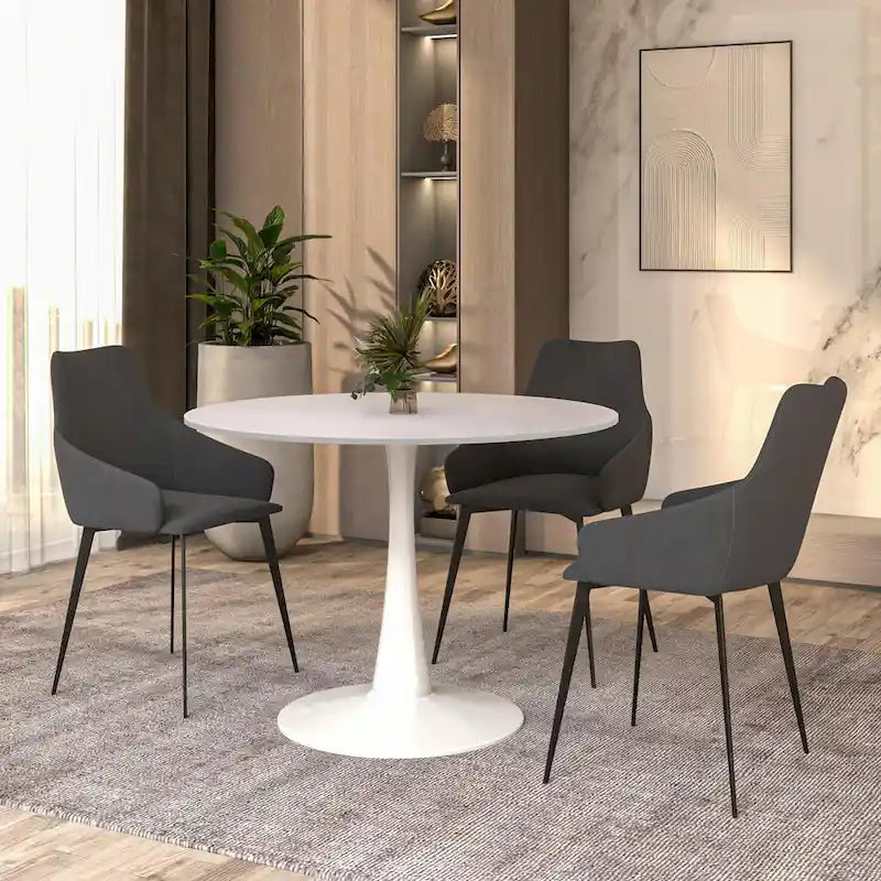 LeisureMod Bristol 40 Round Dining Table for 4 with MDF Wood Tabletop in White Steel Base for Kitchen & Dining Room