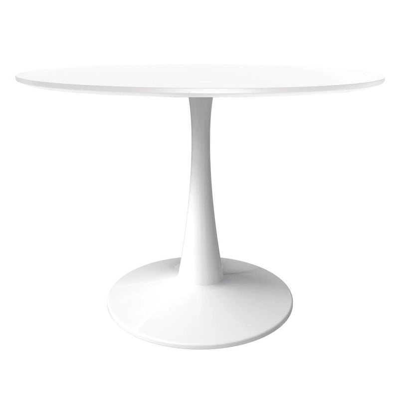 LeisureMod Bristol 40 Round Dining Table for 4 with MDF Wood Tabletop in White Steel Base for Kitchen & Dining Room