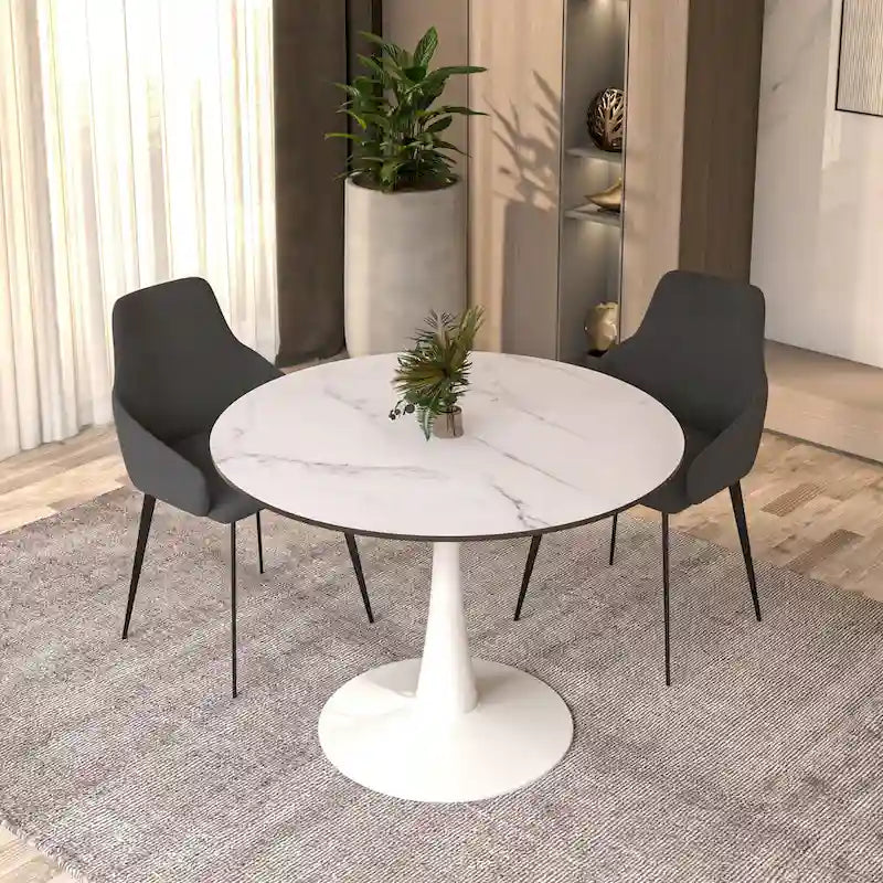 LeisureMod Bristol 40 Round Dining Table for 4 with MDF Wood Tabletop in White Steel Base for Kitchen & Dining Room