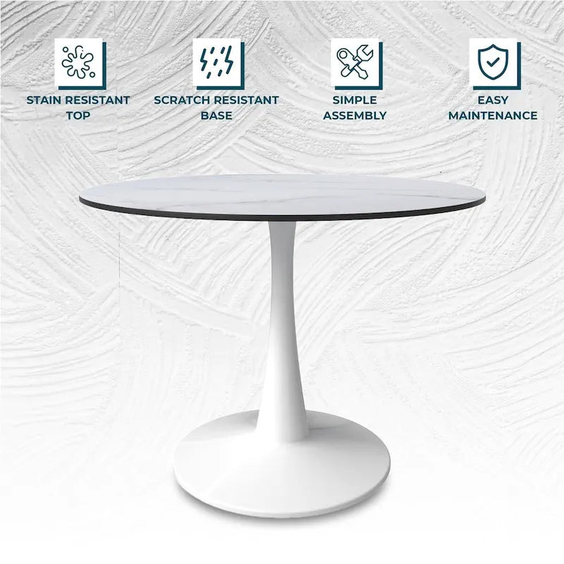 LeisureMod Bristol 40 Round Dining Table for 4 with MDF Wood Tabletop in White Steel Base for Kitchen & Dining Room