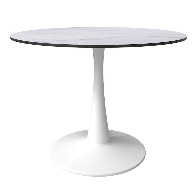 LeisureMod Bristol 40 Round Dining Table for 4 with MDF Wood Tabletop in White Steel Base for Kitchen & Dining Room
