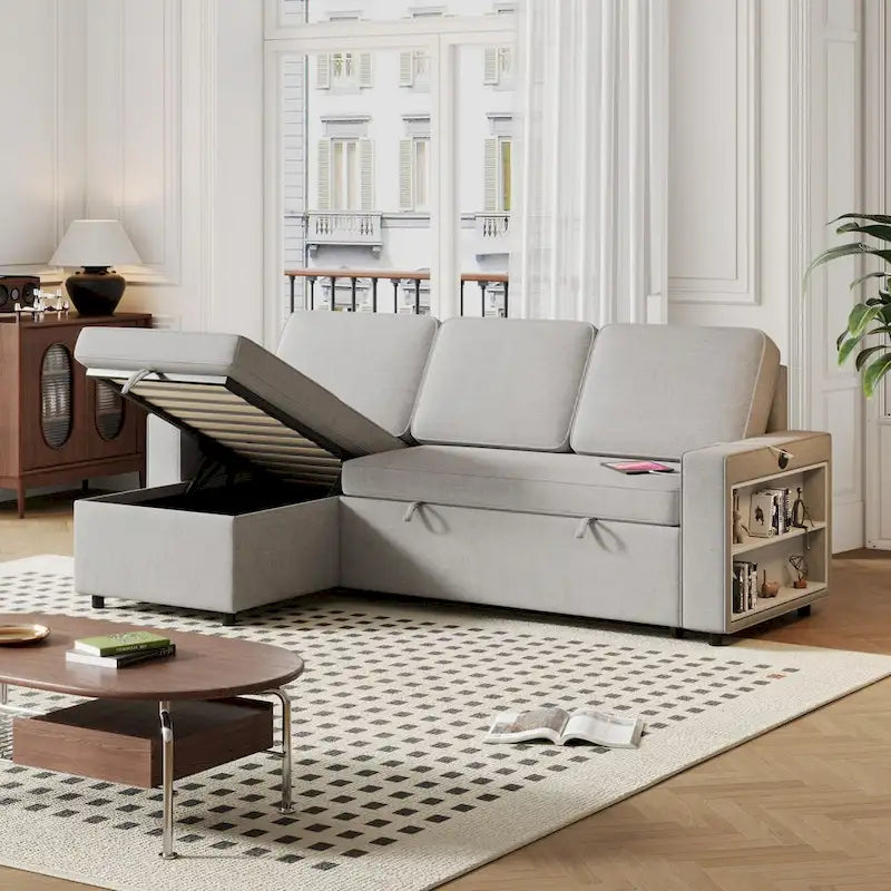 Oaks Aura 85.8 Inch Pull Out Sleeper Sofa, L-shaped Couch With USB Port, Convertible Sofa Bed With Storage Racks