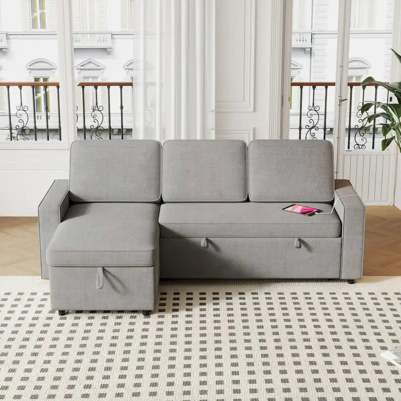 Oaks Aura 85.8 Inch Pull Out Sleeper Sofa, L-shaped Couch With USB Port, Convertible Sofa Bed With Storage Racks