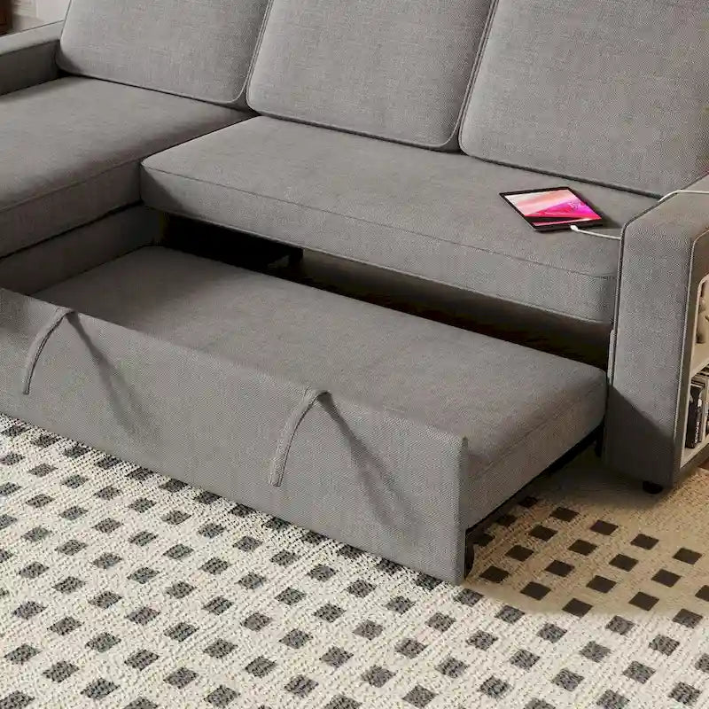 Oaks Aura 85.8 Inch Pull Out Sleeper Sofa, L-shaped Couch With USB Port, Convertible Sofa Bed With Storage Racks