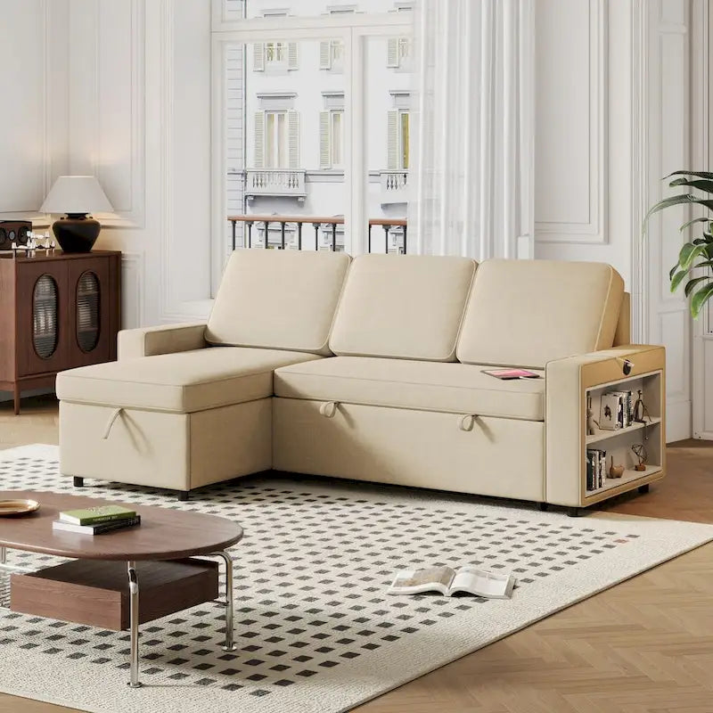 Oaks Aura 85.8 Inch Pull Out Sleeper Sofa, L-shaped Couch With USB Port, Convertible Sofa Bed With Storage Racks